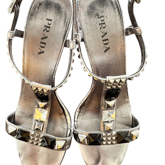 Prada 38 Patent Leather T-Strap Silver Studded crystals Accents Block Sandals - Picture 12 of 15